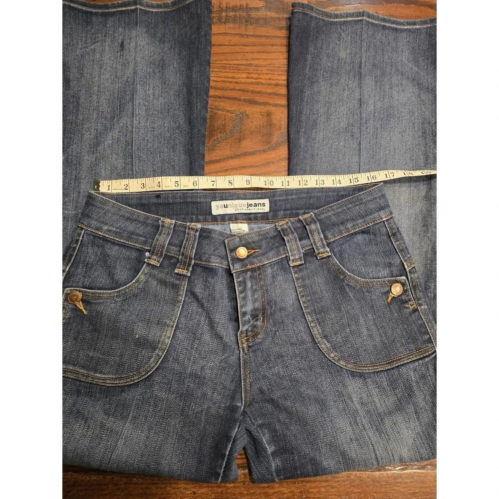 YOUNIQUE Originals Jeans Mid Rise Junior's 13 Flared‎ Dark Wash Blue Denim EUC - Picture 3 of 8